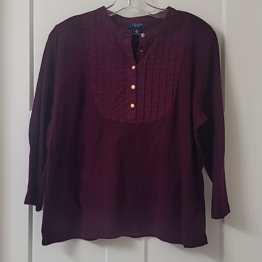 Chaps  XL Burgandy red. 3/4 button down, pleated yoke, 3/4 sleeve cotton top.